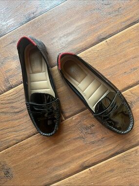 Adam Tucker Black Patent Loafers with Red Heel Accent